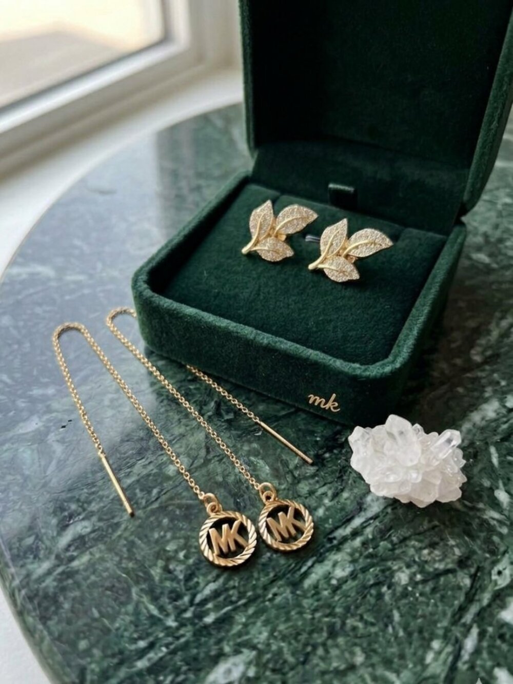 MK Logo Threader Earrings & Crystal Leaf Studs Set